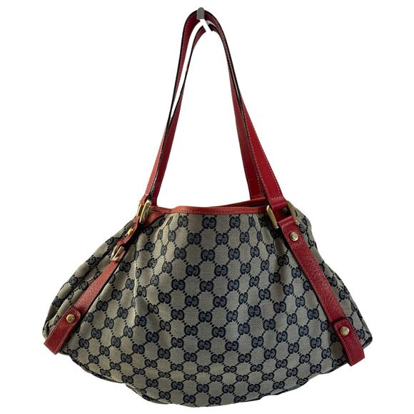 Gucci Abbey D-Ring Tote GG Navy Canvas Red Leather Trim Shoulder Bag Authentic - Picture 1 of 16